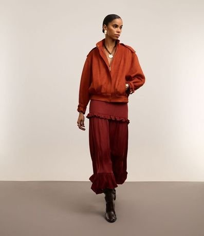 Pollera Evasê Midi Satinada con Volado y Bajo Fruncida 4