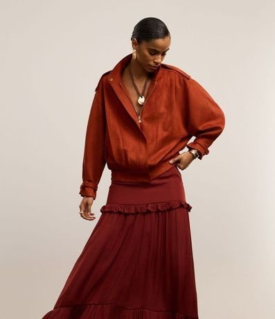 Pollera Evasê Midi Satinada con Volado y Bajo Fruncida 5