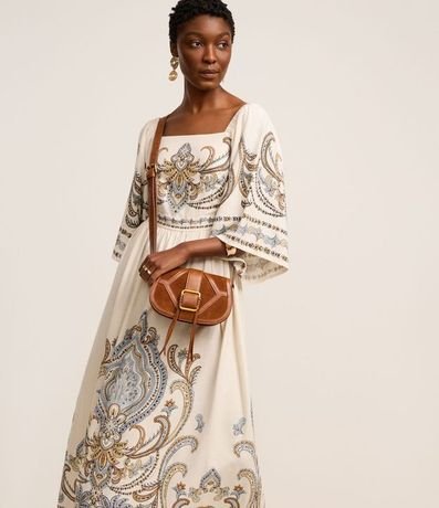 Vestido Boho Evasê Midi en Viscolino con Estampa Arabesco 1