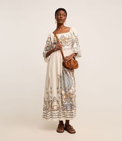 Vestido Boho Evasê Midi en Viscolino con Estampa Arabesco 2