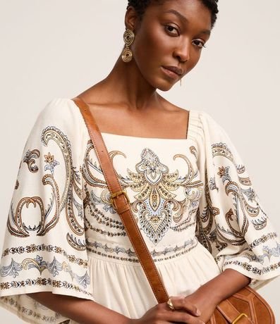 Vestido Boho Evasê Midi en Viscolino con Estampa Arabesco 3