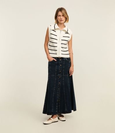 Pollera Midi Jeans con Abotonado Delantero y Recortes