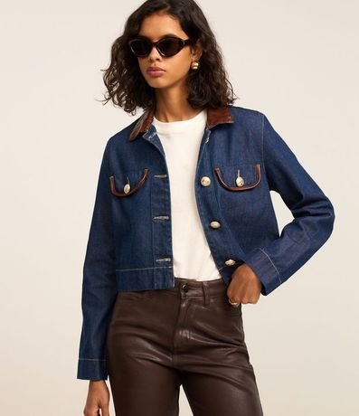 Campera Regular en Jeans con Cuello de PU 1