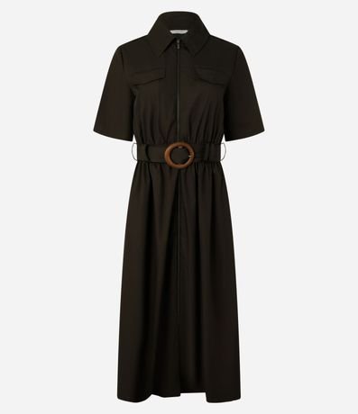 Vestido Largo en Tricolina con Cinturón Hebilla Redonda