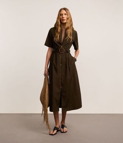 Vestido Largo en Tricolina con Cinturón Hebilla Redonda