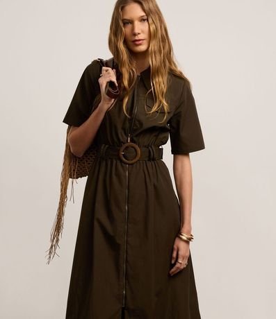 Vestido Largo en Tricolina con Cinturón Hebilla Redonda 2