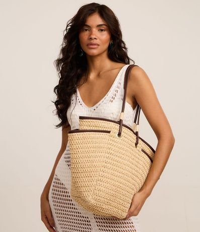 Bolsa de Playa en Paja Natural con Asa de PU y Bolsillos Laterales