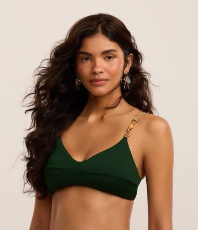 Bikini Top Remera en Microfibra Texturizada con Bretel Elástico y Adornos de Bambu Natural