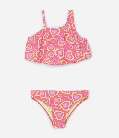 Bikini Infantil con Alças Asimétricas y Estampa de Corazones - Talle 7 a 14 años