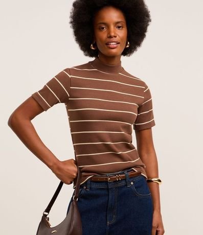 Blusa en Rib con Cuello Mediano y Estampa Rayada
