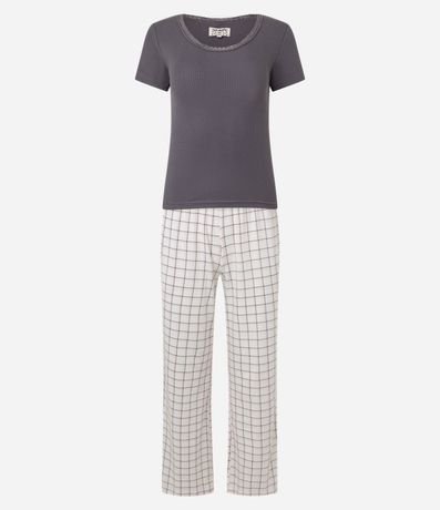 Pijama Largo con Blusa Acanalada y Pantalón de Cuadros