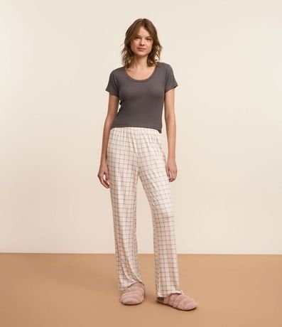 Pijama Largo con Blusa Acanalada y Pantalón de Cuadros