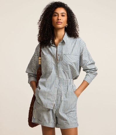 Short en Sarga con Bajo Plegado y Estampado de Rayas 2