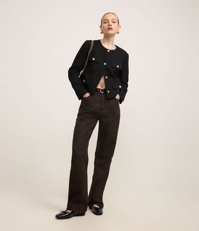 Pantalón Recto en Sarga Animal Print Leopardo con Tiro Alto