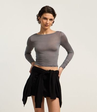 Blusa en Rib con Escote Redondo y Manga Larga