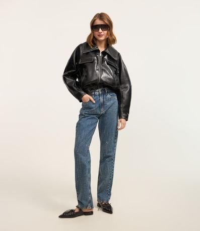 Pantalón Recto en Jeans con Brillos de Strass
