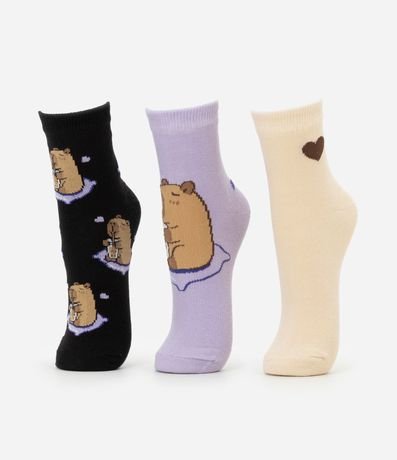 Kit 03 Medias Cano Mediano en Algodón con Estampa de Carpinchos y Milkshake 2