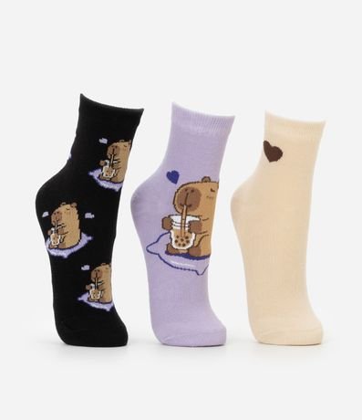 Kit 03 Medias Cano Mediano en Algodón con Estampa de Carpinchos y Milkshake 3