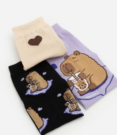 Kit 03 Medias Cano Mediano en Algodón con Estampa de Carpinchos y Milkshake