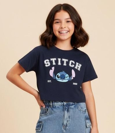 Remera corta Infantil con Bordado de Stitch - Talle 5 a 14 años