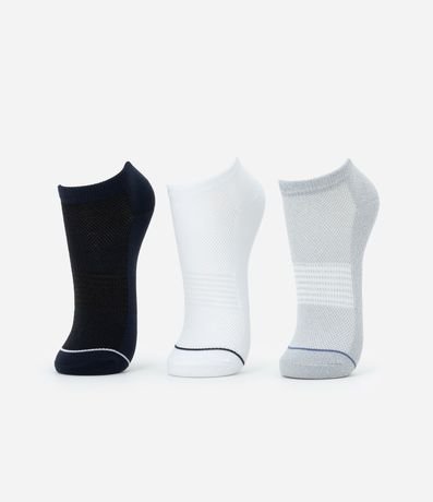 Kit 03 Medias Caña Corta Deportivas en Poliamida con Detalle de Rayas