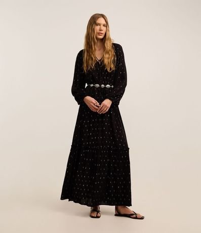 Vestido Evase Midi en Viscosa con con Detalles Contrastantes