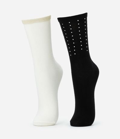 Kit 02 Medias Caña Larga en Algodón con Strass e Hilo Metalizado