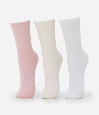 Kit 03 Medias Cano Mediano en Algodón con Textura de Corazones