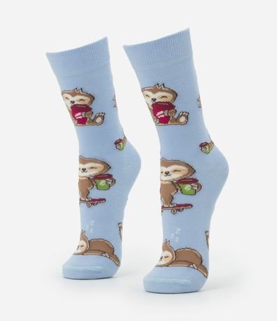 Media Caña Larga en Algodón con Estampa de Perezoso y Café