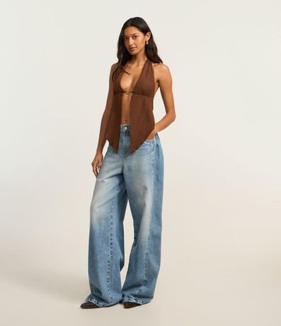 Pantalón Wide Leg en Jeans con Pliegues Laterales