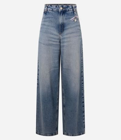 Pantalón Skater en Jeans Super Ancho con Canesú Diferenciada y Colgante