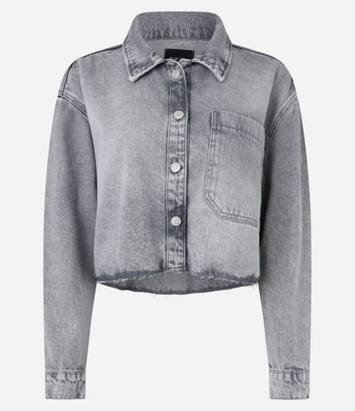 Camisa Cropped en Jeans con Bajo a Hilo y Bolsillo Deslocado