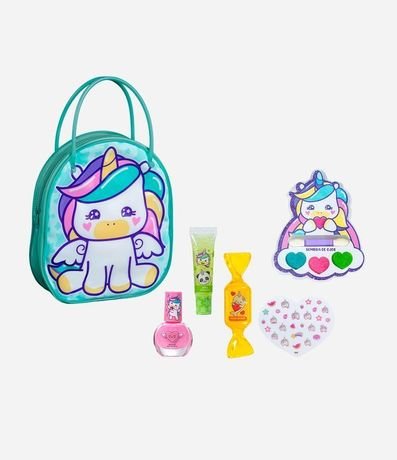 Kit Bolso Unicórnio Esmalte + 2 Gloss + Trio Sombras + Stickers