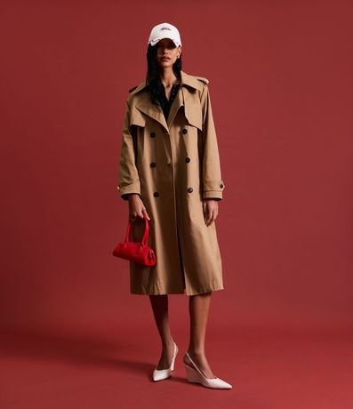 Trench Coat Alargado en Gabardine con Cinta para Lazo