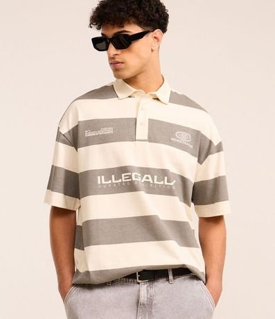 Camisa Polo Oversized en Algodón con Estampa Lettering y Rayas