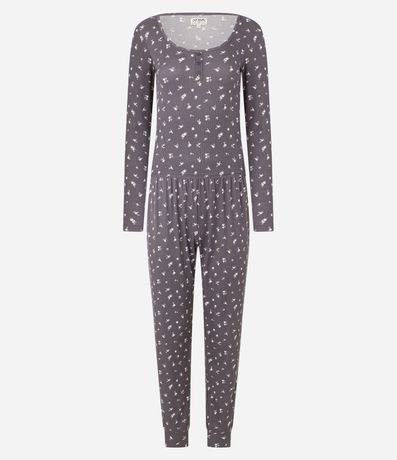 Pijama Largo Canelado con Estampa Floral de Botones en el Puño