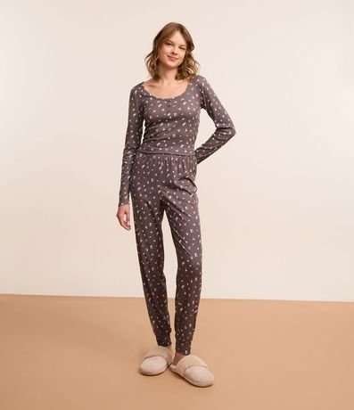 Pijama Largo Canelado con Estampa Floral de Botones en el Puño 2