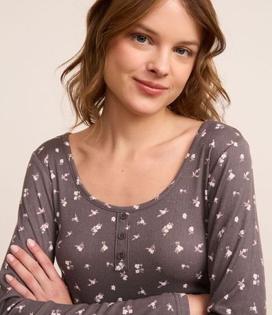 Pijama Largo Canelado con Estampa Floral de Botones en el Puño 3