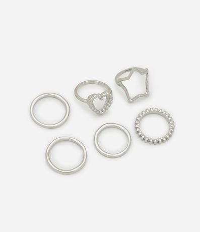 Kit 06 Anillos en Metal con Formas de Estrella Corazón y Lunares
