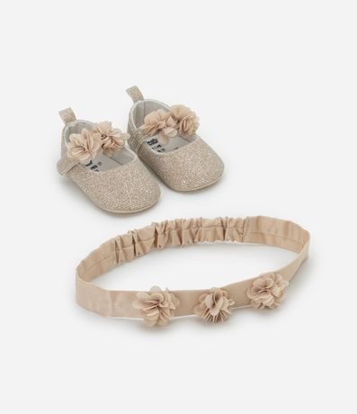Zapatilla Infantil con Tira de Flores y Cinta para el Pelo - Talle 15 a 19