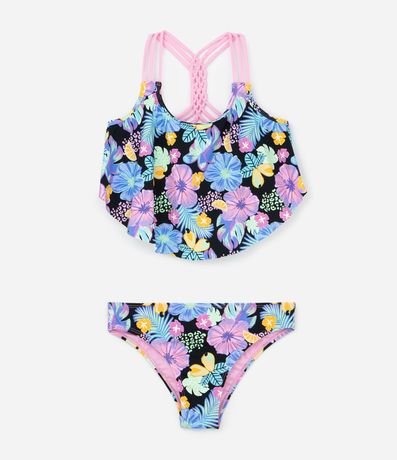 Bikini Infantil en Microfibra con Estampa Floral Neón - Talle 5 a 14 años