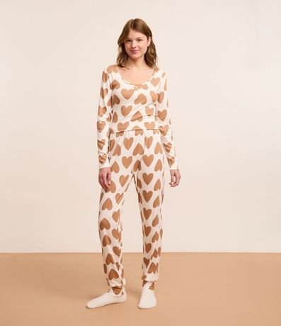 Pijama Largo Canelado con Estampa de Corazones