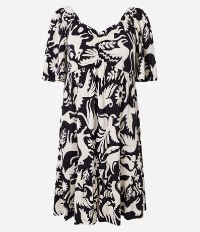 Vestido Corto Texturizado con Escote Corazón y Estampa de Pájaros 4