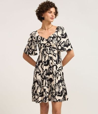 Vestido Corto Texturizado con Escote Corazón y Estampa de Pájaros