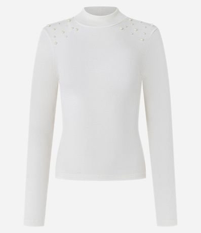 Blusa en Rib con Cuello Alto y Perlas en los Hombros 5