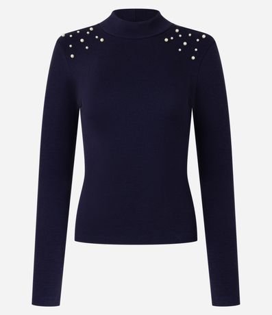 Blusa en Rib con Cuello Alto y Perlas en los Hombros 5