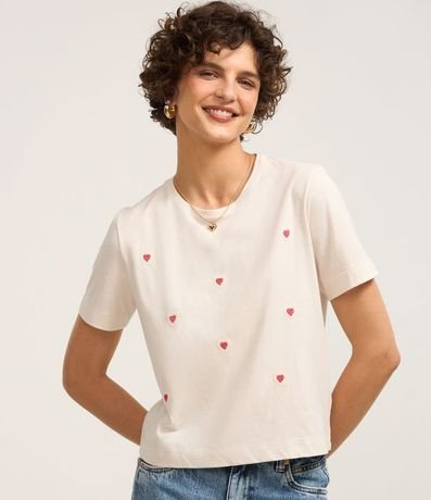 Blusa T-shirt en Algodón con Bordados de Corazoncitos