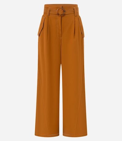 Pantalón Pantalona en Sarga con Pespontos Contrastantes Cinturón y Hebilla 5