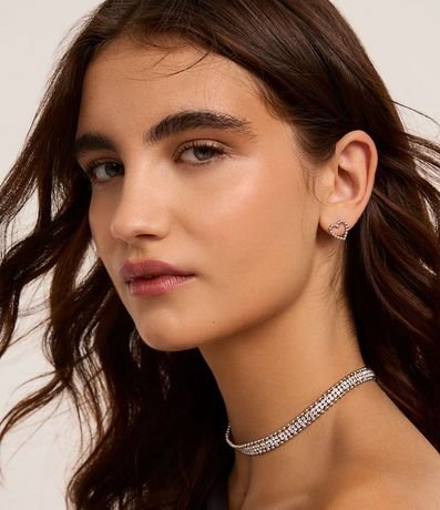 Conjunto de Collar Corto con Stras y Esferas y Caravana Cutout de Corazón 1