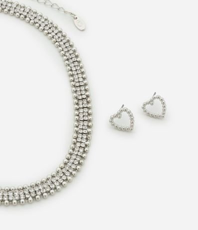 Conjunto de Collar Corto con Stras y Esferas y Caravana Cutout de Corazón 2